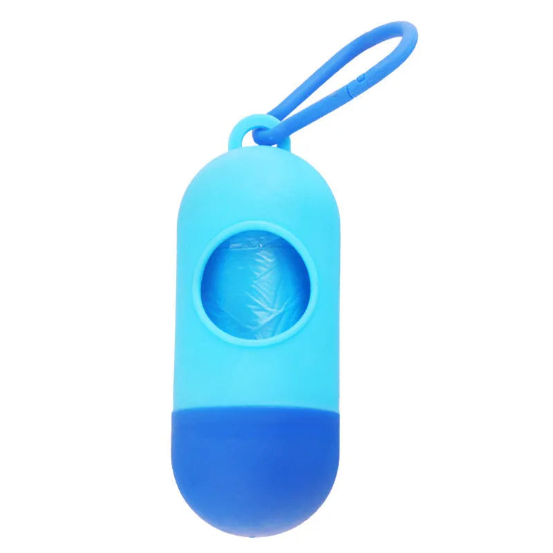 Small rectangular dog poop bag holder with a Velcro strap and metal hook, shown in a choice of colours.