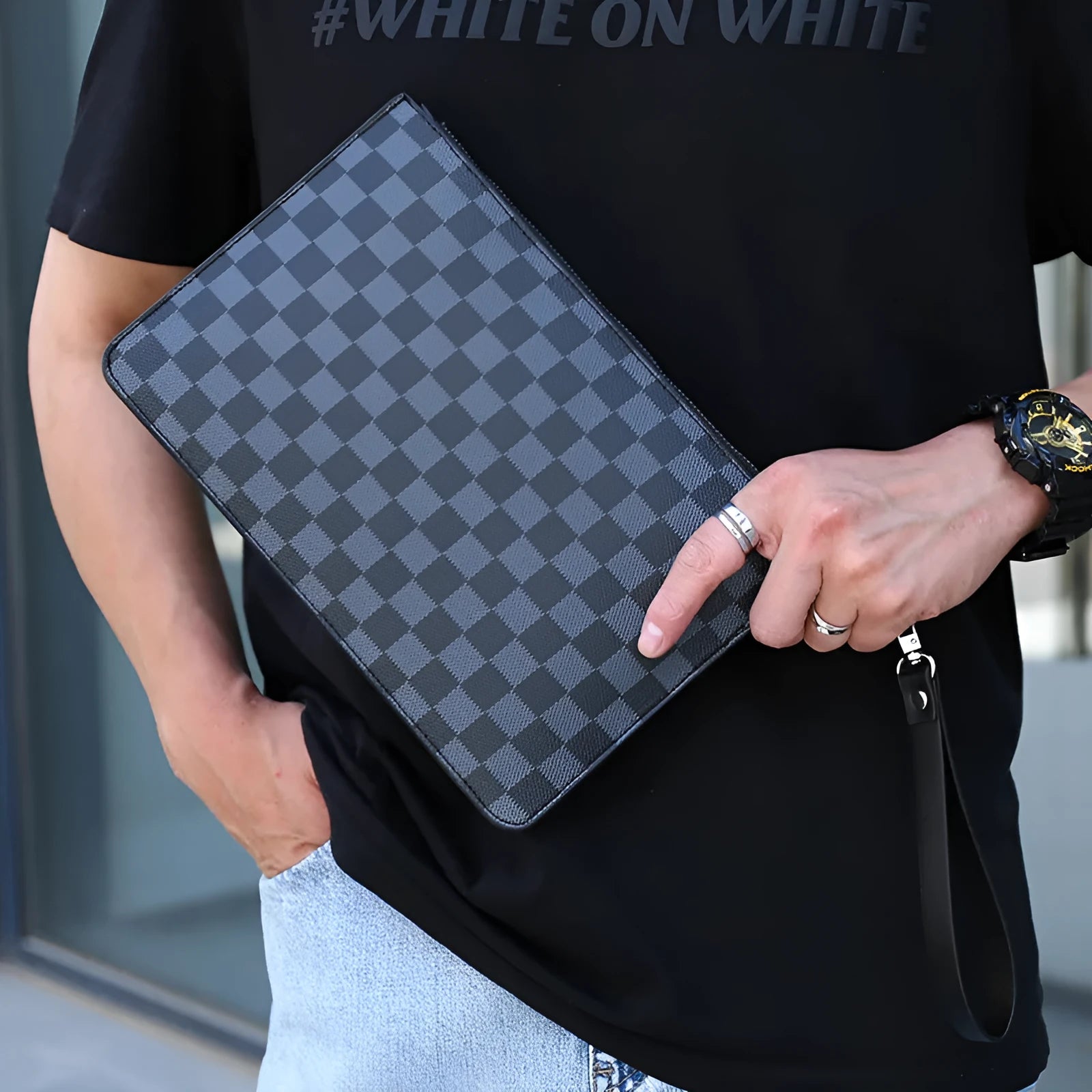 Men's black checkered PU leather clutch wallet showing six card slots and zipper pocket