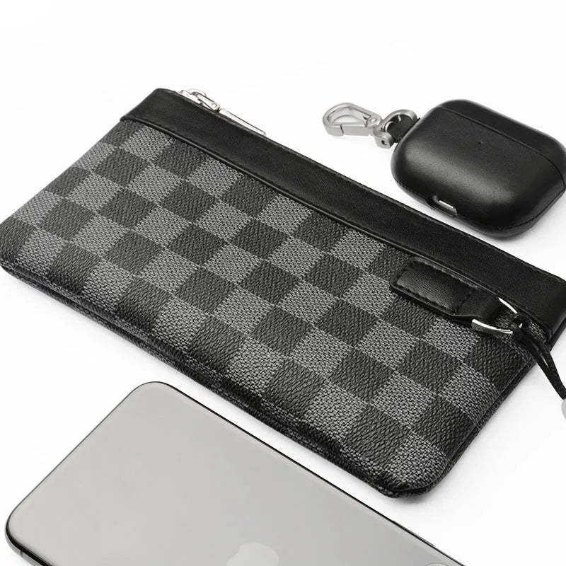 Men's black genuine cowhide leather clutch wallet showing front view with dimensions.