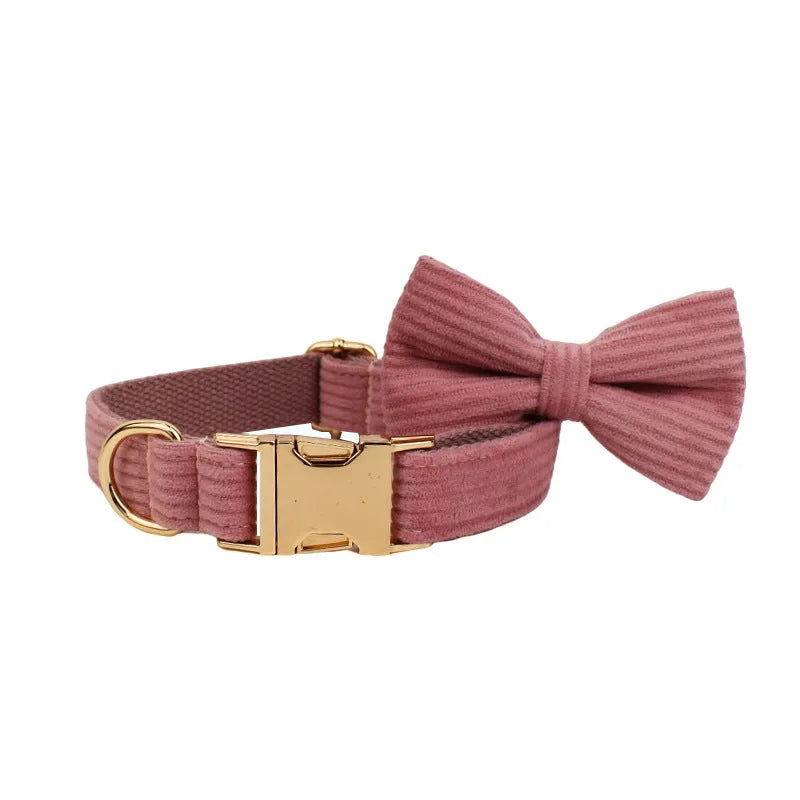 Corduroy cloth dog collar and lead set with red bow, vest and poop bag options
