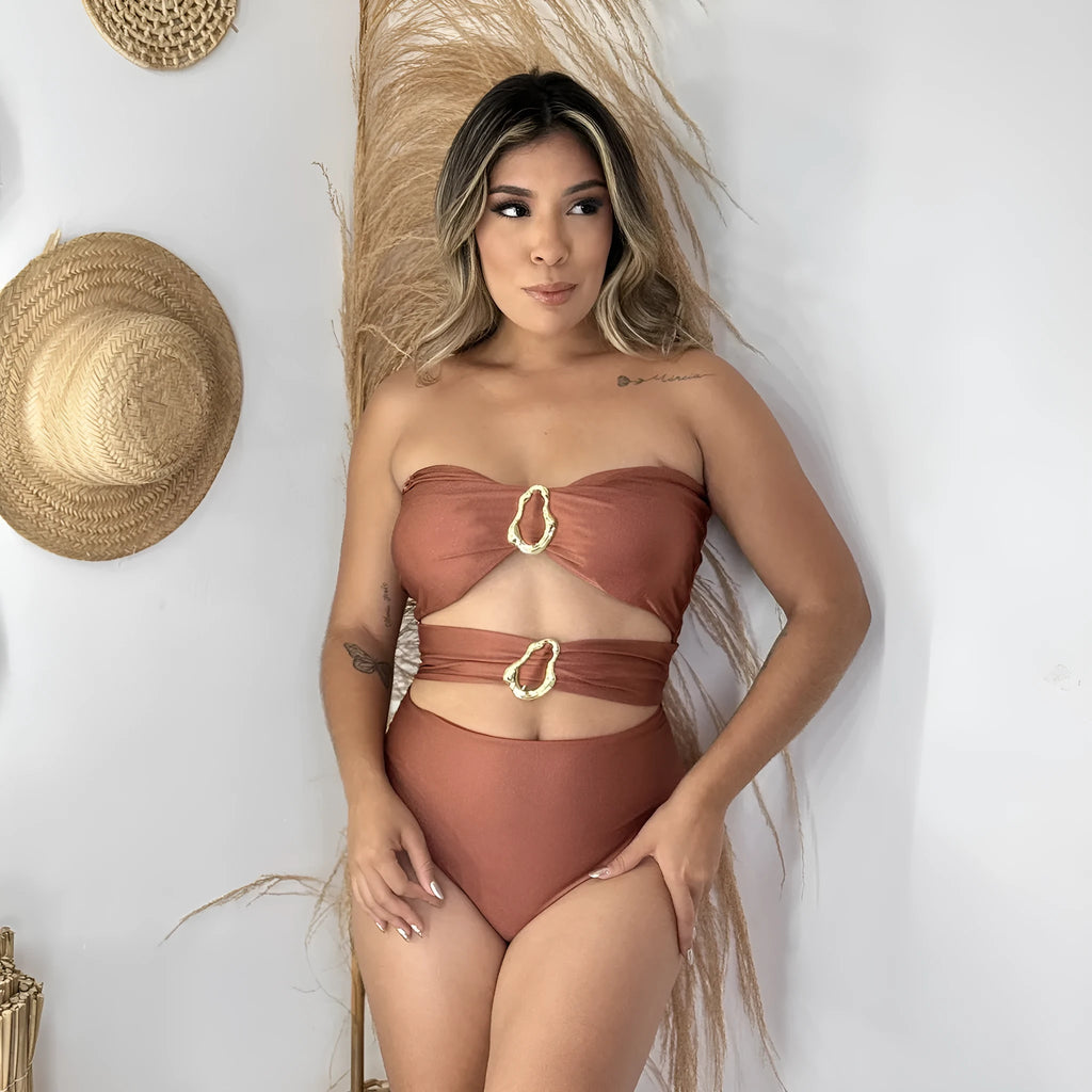 Nylon one-piece solid colour swimsuit for women in black, brown, or red sizes S M L for swimming and wading