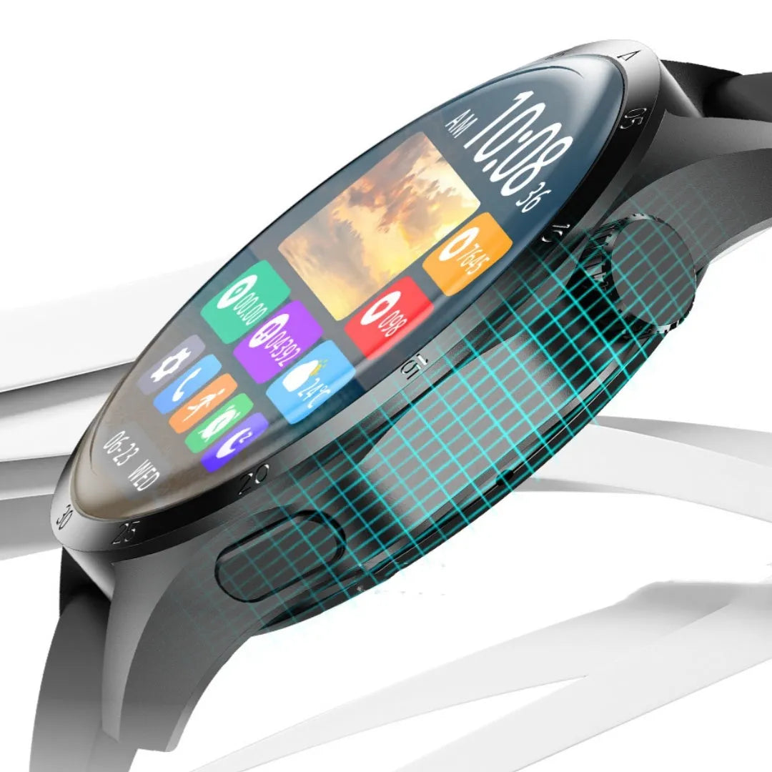 Black Bluetooth smartwatch with touch screen displaying health metrics, available with silicone or Milan net strap options