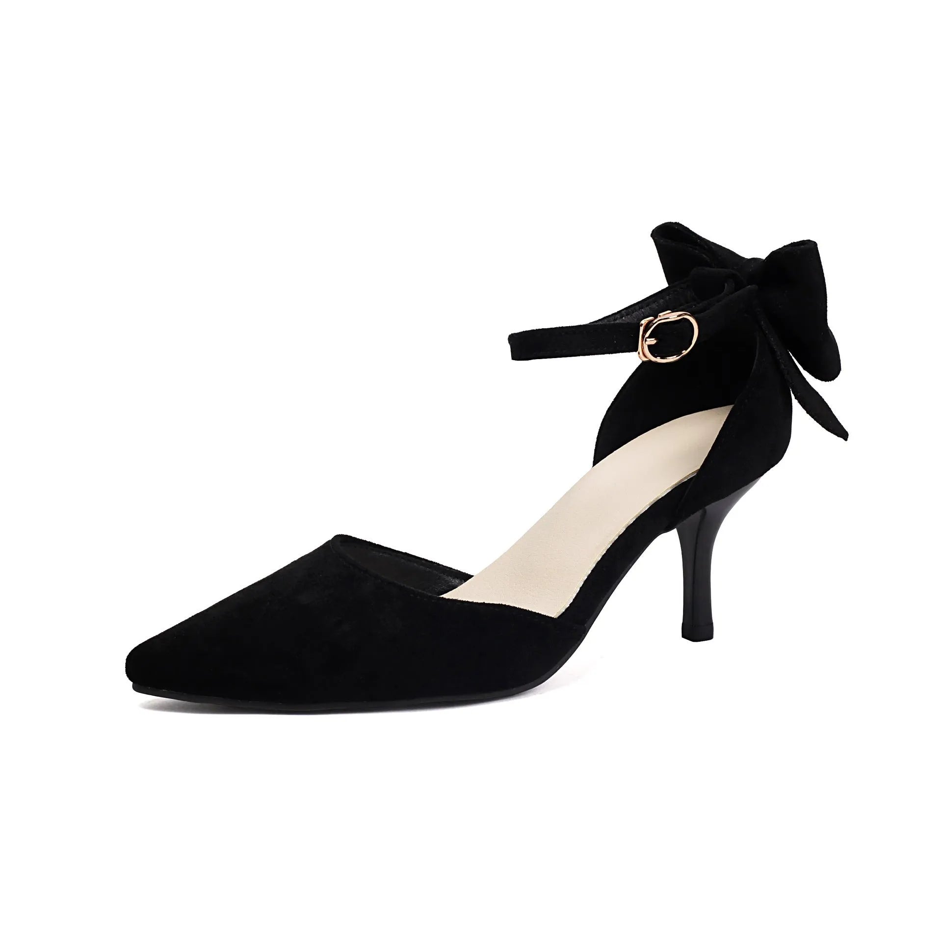 Black suede pointed-toe high heels with a bowknot and stiletto heel on a white background.