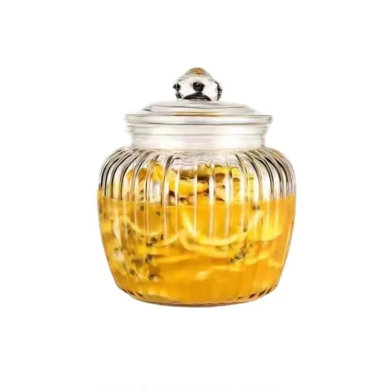 Clear thickened glass sealed can with vertical pattern and black lid