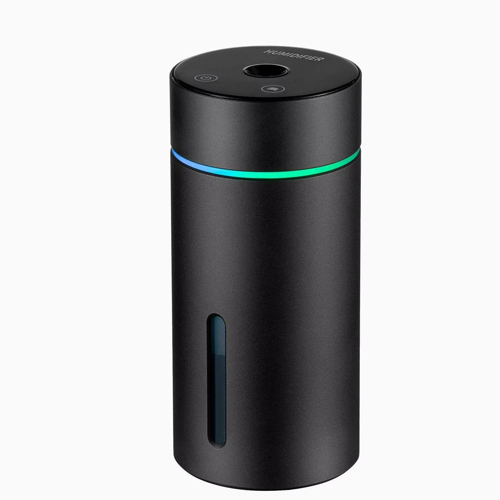 Black portable car air humidifier and essential oil diffuser with aluminium body and USB cable