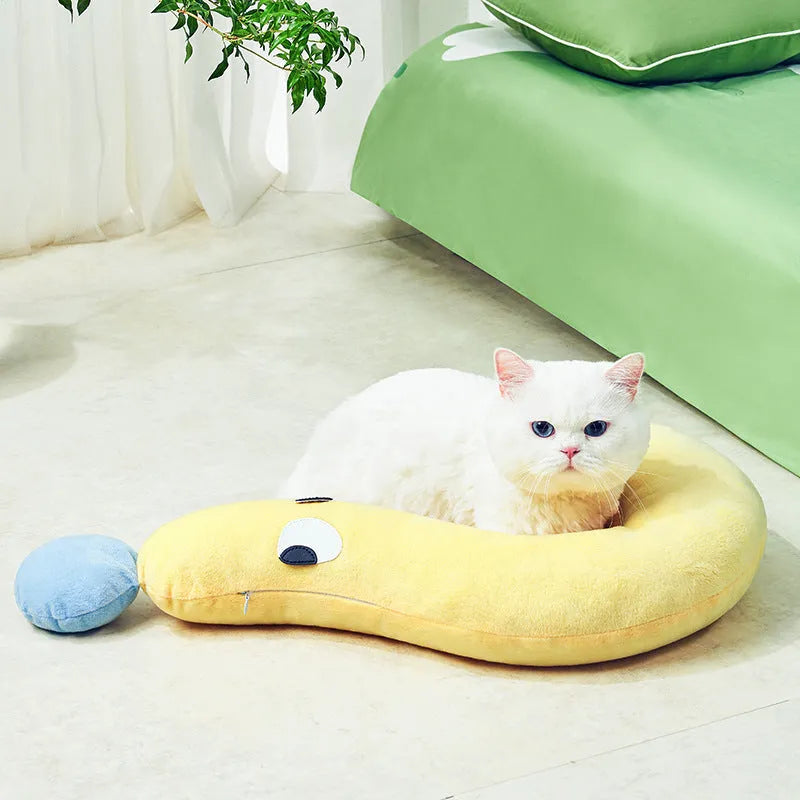 Blue or yellow pet sleeping cushion measuring 62 by 39 centimetres for cats and dogs