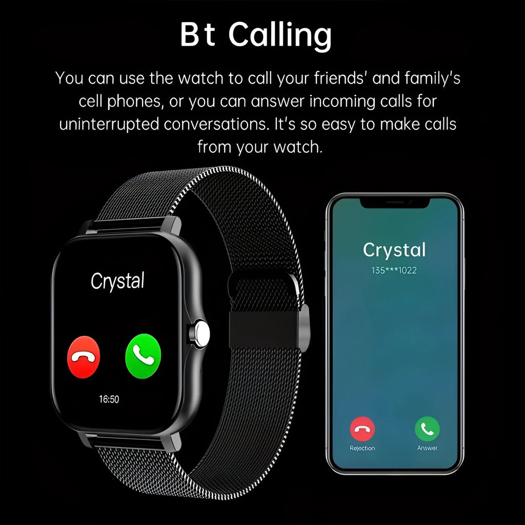 Smart watch with a 1.44-inch colour touch screen and a black silicone strap on a wrist.