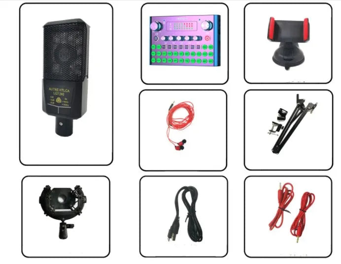 F007plus live broadcast sound card with condenser microphone and mounting bracket for mobile and computer streaming