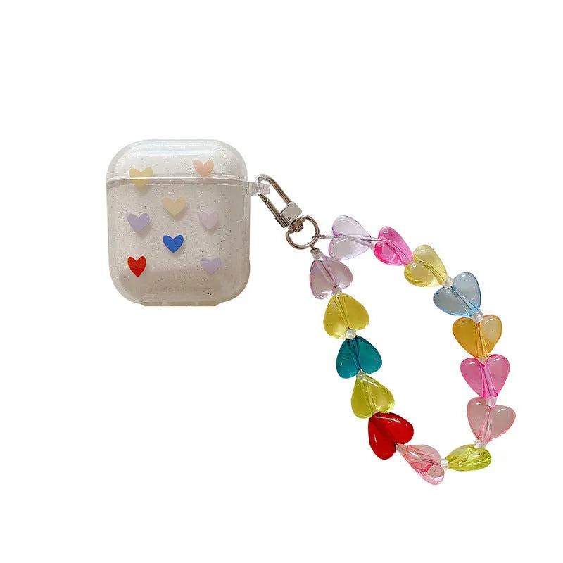 Solid colour TPU flip-style protective case for Apple AirPods with attached chain in colour love chain design.