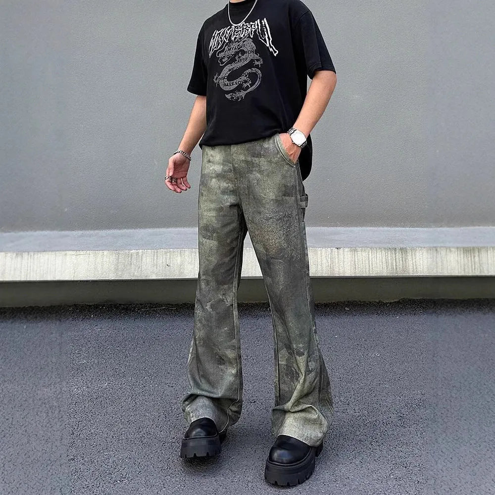 Men's straight-leg denim jeans featuring a digital camouflage pattern in picture colour.