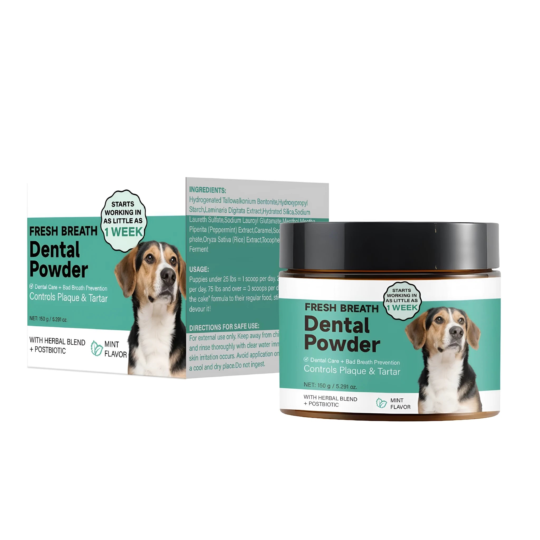150g container of Dog Breath Tooth Cleaning Powder for canine oral care