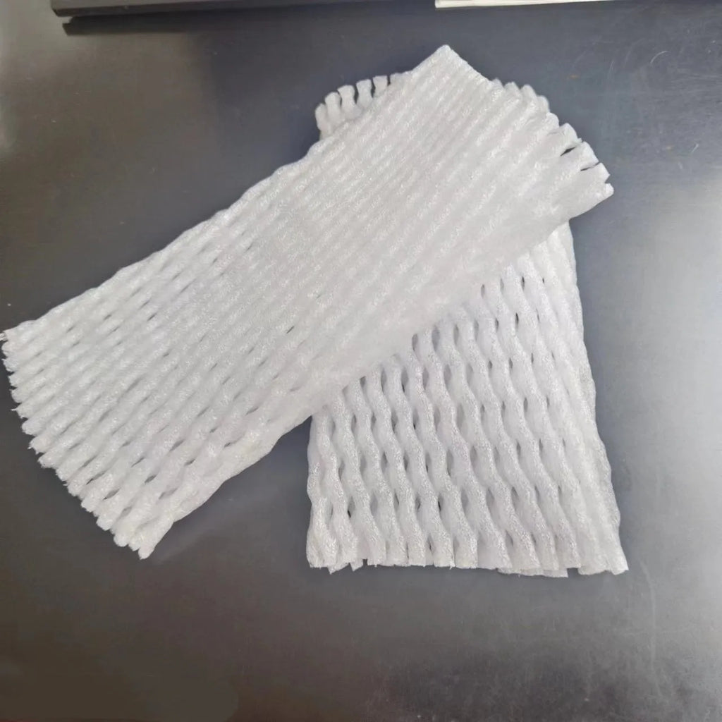 White foam fruit protective net cover shown in multiple size options for transport protection
