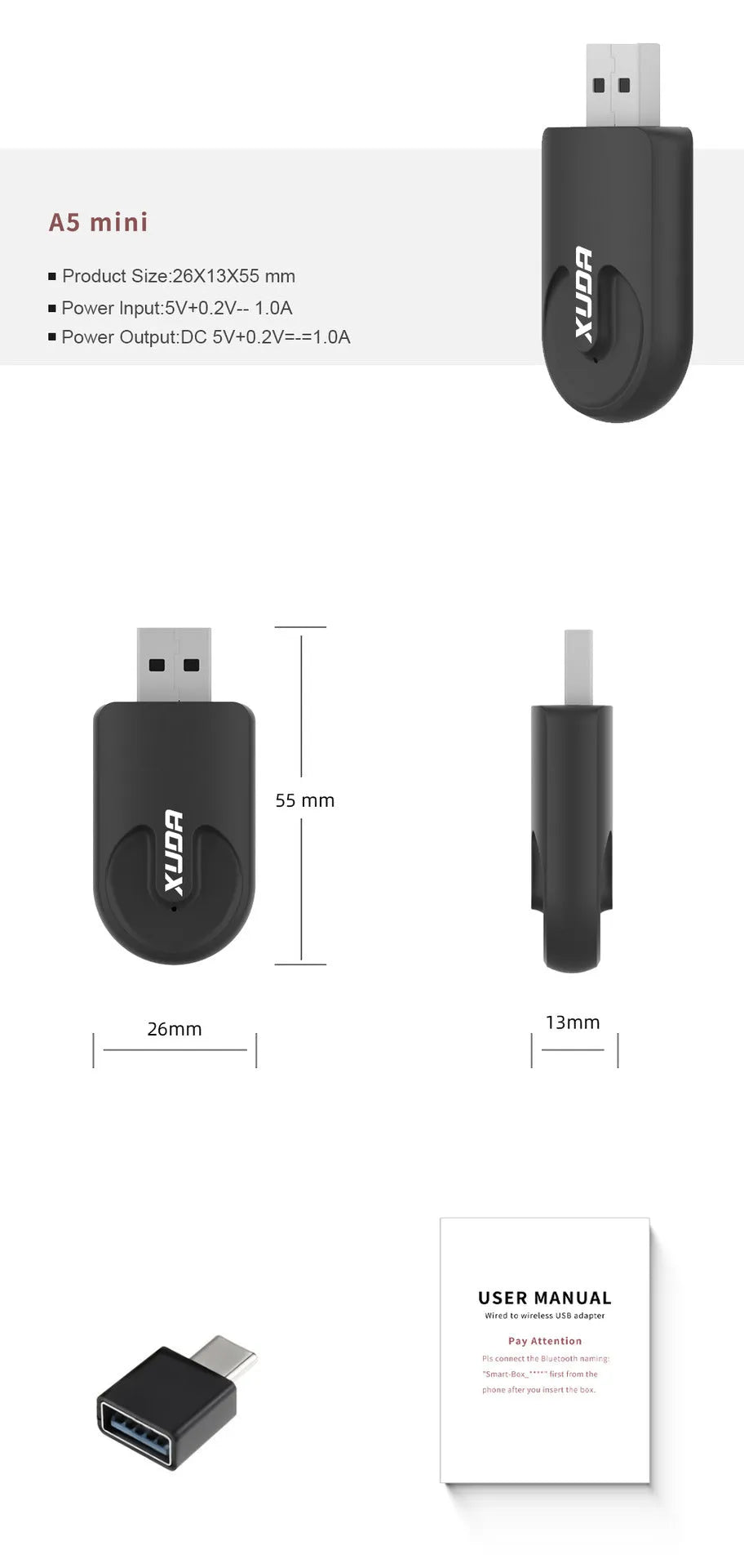 Black mini Carplay USB wireless adapter showing 26x55x13mm dimensions