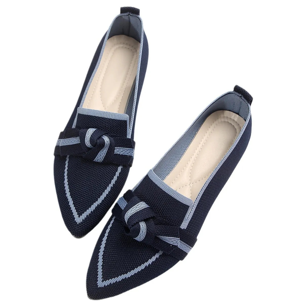 Women's pointed toe bow flat shoes in flyknit, slip-on design, available in five colours and sizes 36-43