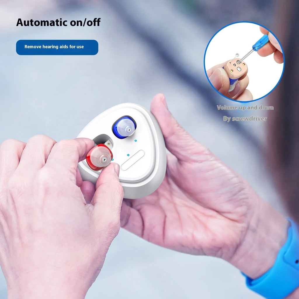 Rechargeable ultra-small in-ear hearing aid sound amplifier with USB power, brown red blue skin colour options
