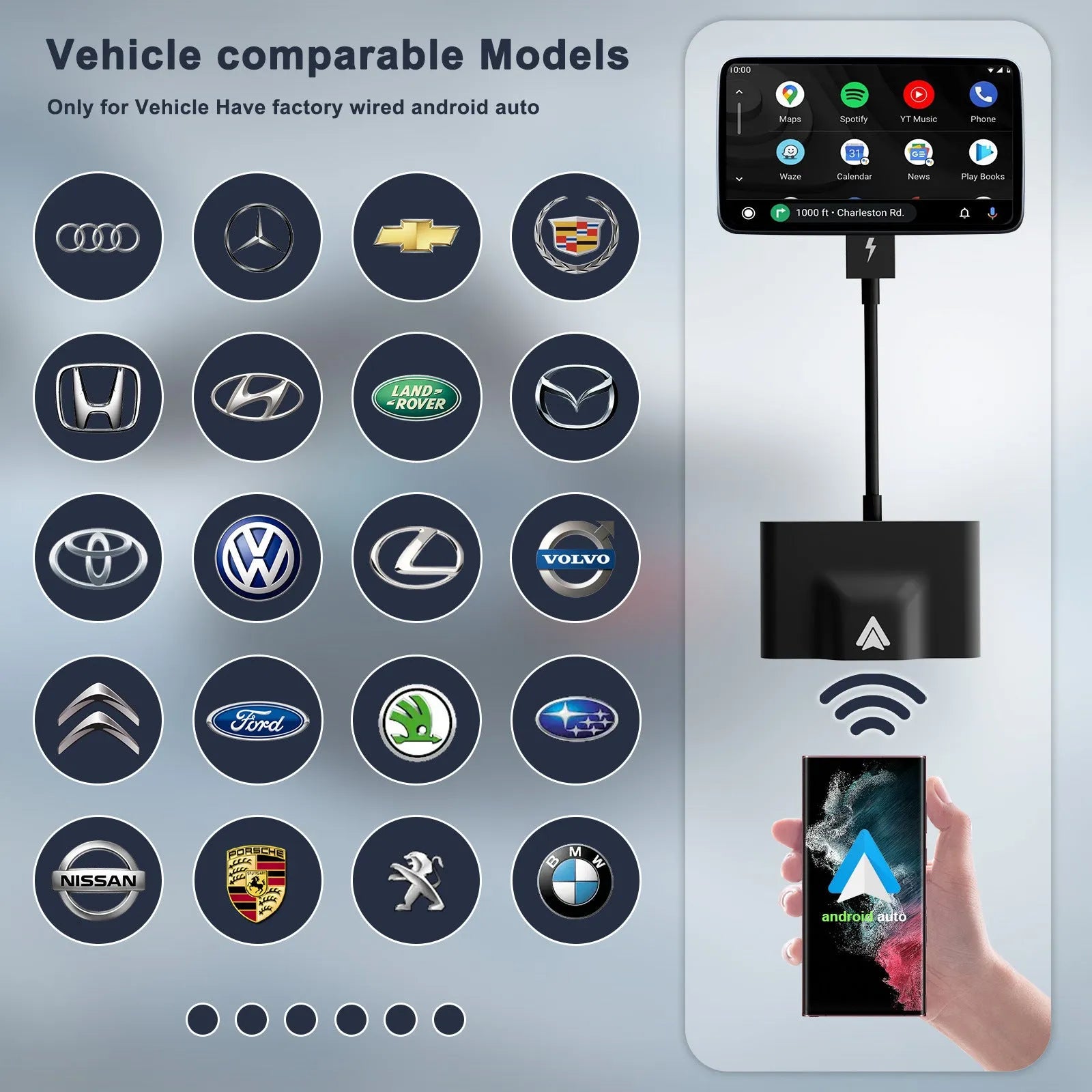 Car wired to wireless Android system adaptor for CARPLAY vehicles in black and white colour variants.