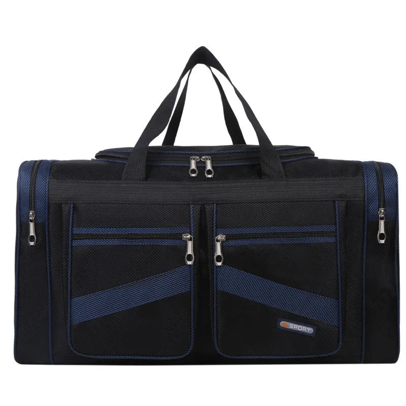 Foldable large capacity tote travel bag in Oxford cloth with zipper opening and soft handle, available in blue, grey, khaki, red
