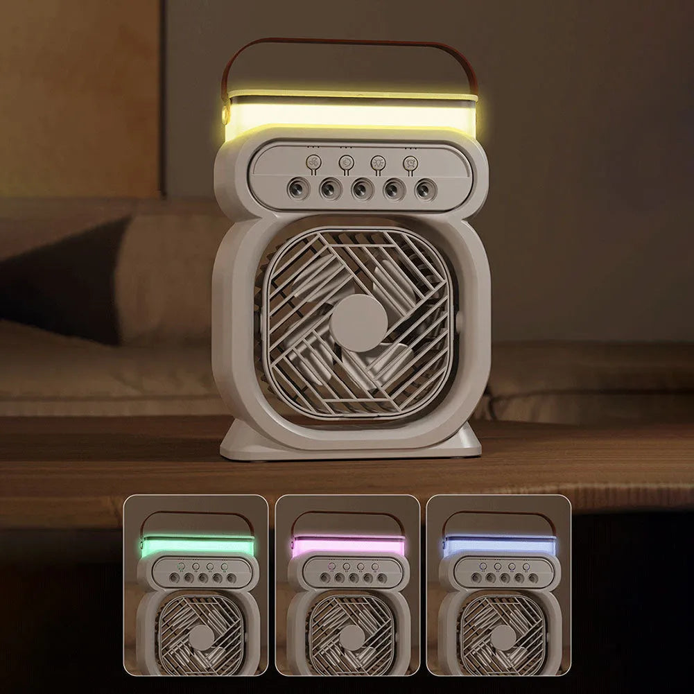 3-in-1 portable evaporative air cooler with 7-colour LED night light, USB-powered fan humidifier in white