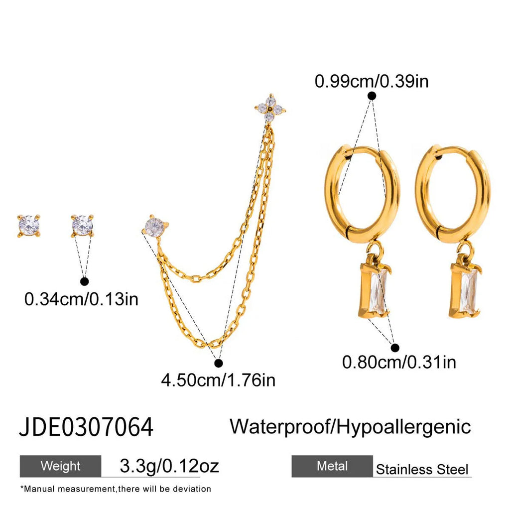 Set of five light luxury stainless steel geometric earrings with electroplated finish, colour JDE0307064, on display card