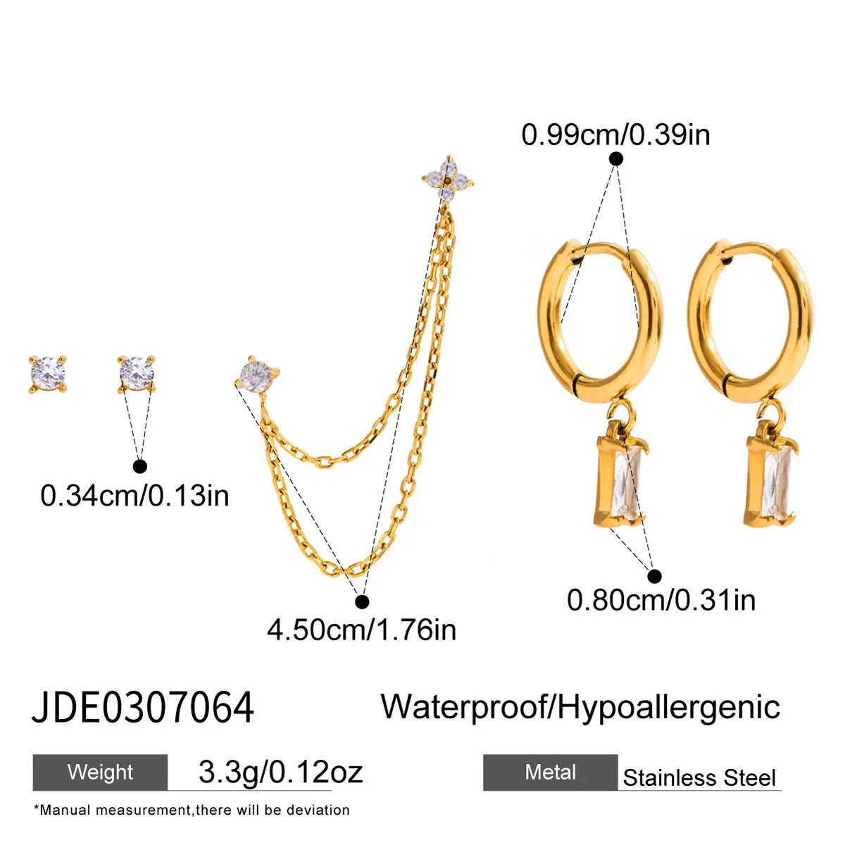 Set of five light luxury stainless steel geometric earrings with electroplated finish, colour JDE0307064, on display card