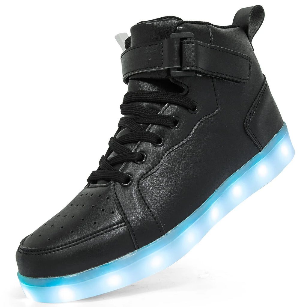 LED light-up high-top sneakers with Velcro strap in various colours on a solid background