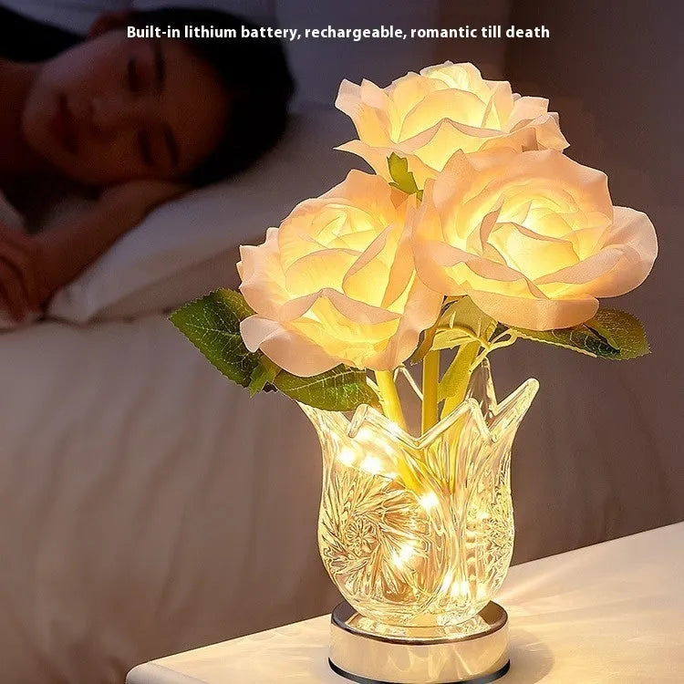 Crystal flowers design table lamp with touch dimming control and USB charging cable
