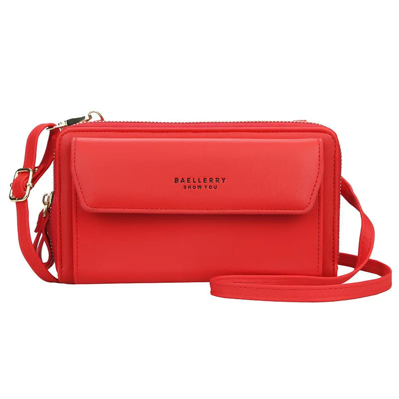 Soft PU leather ladies long wallet with double zipper and cross-body strap in multiple colour options