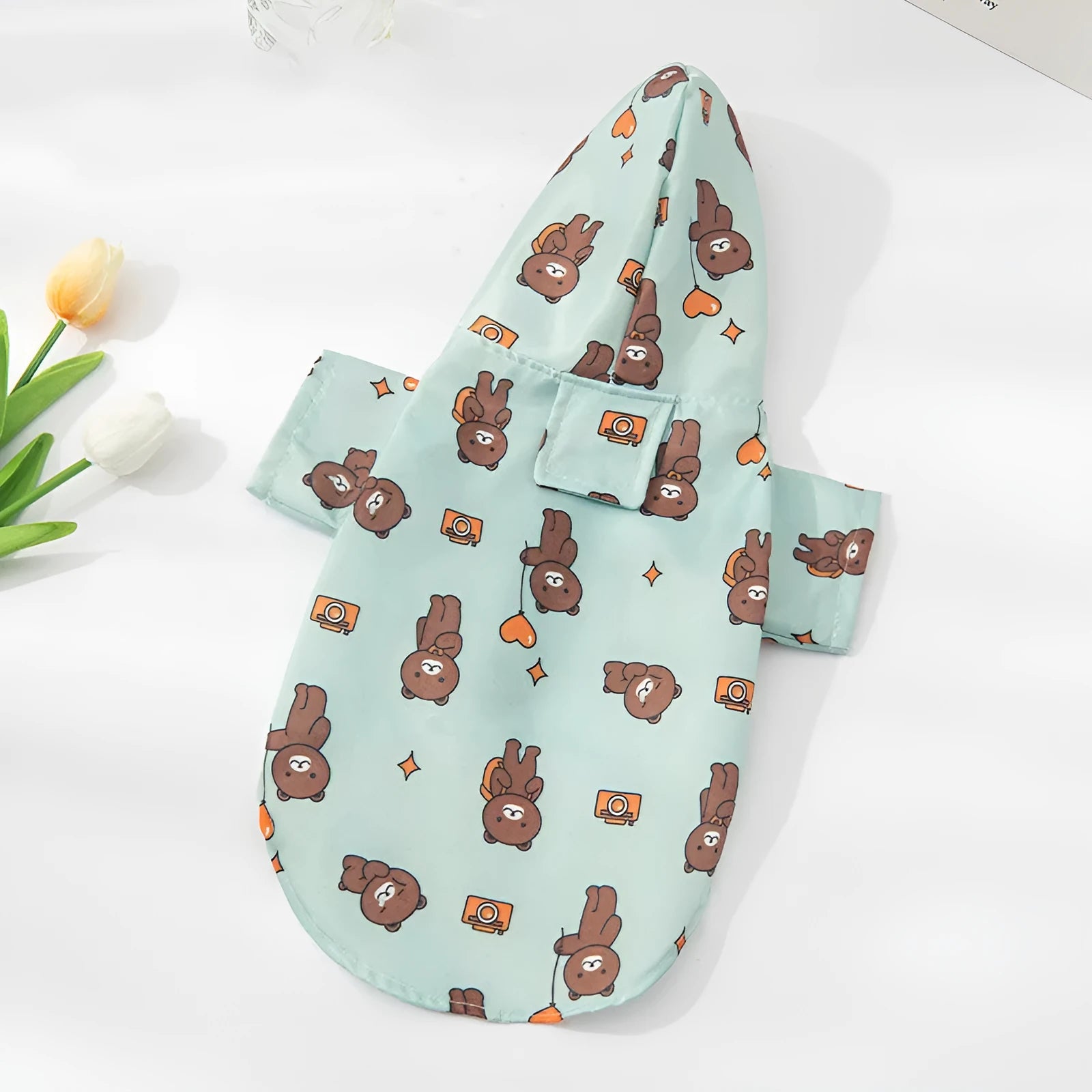 Fashion Pet Raincoat Dog Clothing in polyester with Cute Travel Bear print, available in sizes S to XL