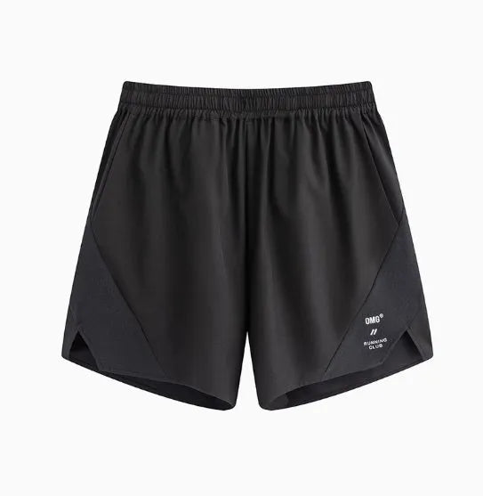 Black and blue four-point stretch running shorts with laser punching stitching on a mannequin.