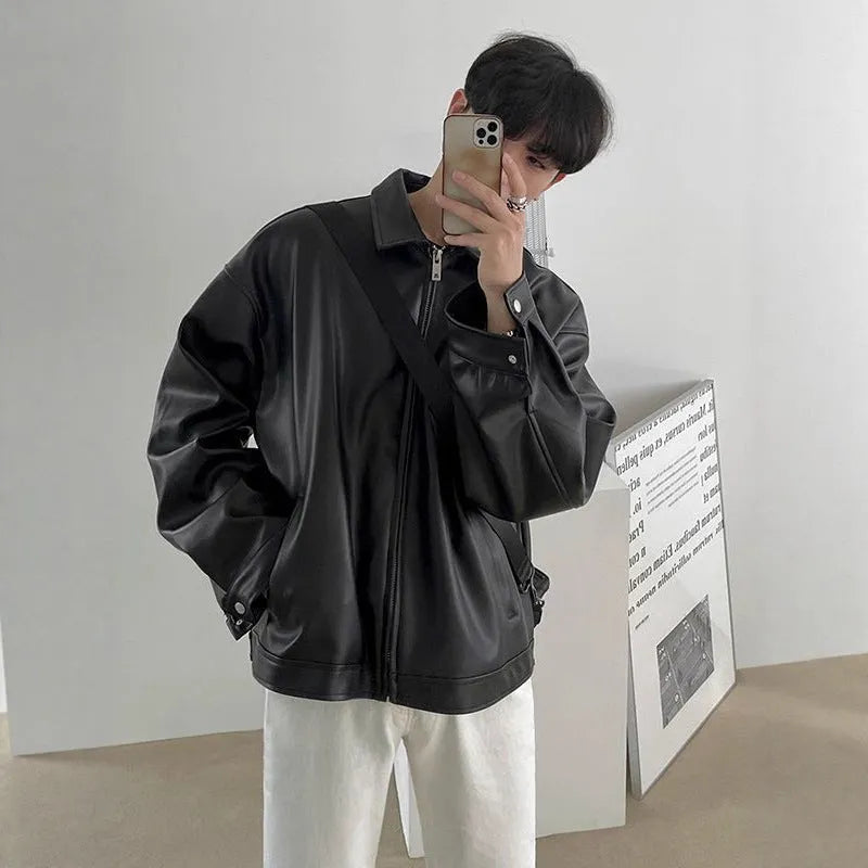 Men's black leather-style casual baseball jacket with loose fit and side seam pockets