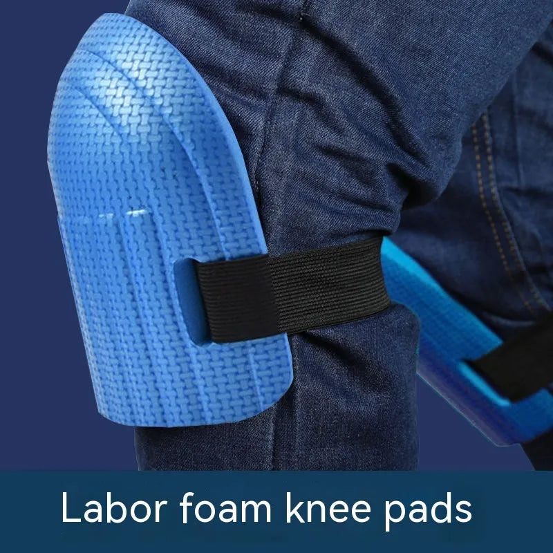 A pair of thick EVA foam kneepads in blue colour for construction and auto repair work.