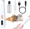 White rechargeable electric dog paw trimmer with LED light and four comb attachments on a table