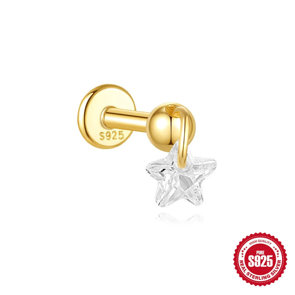 Geometric moon and star earrings in S925 sterling silver with embedded diamonds and a gold colour finish.