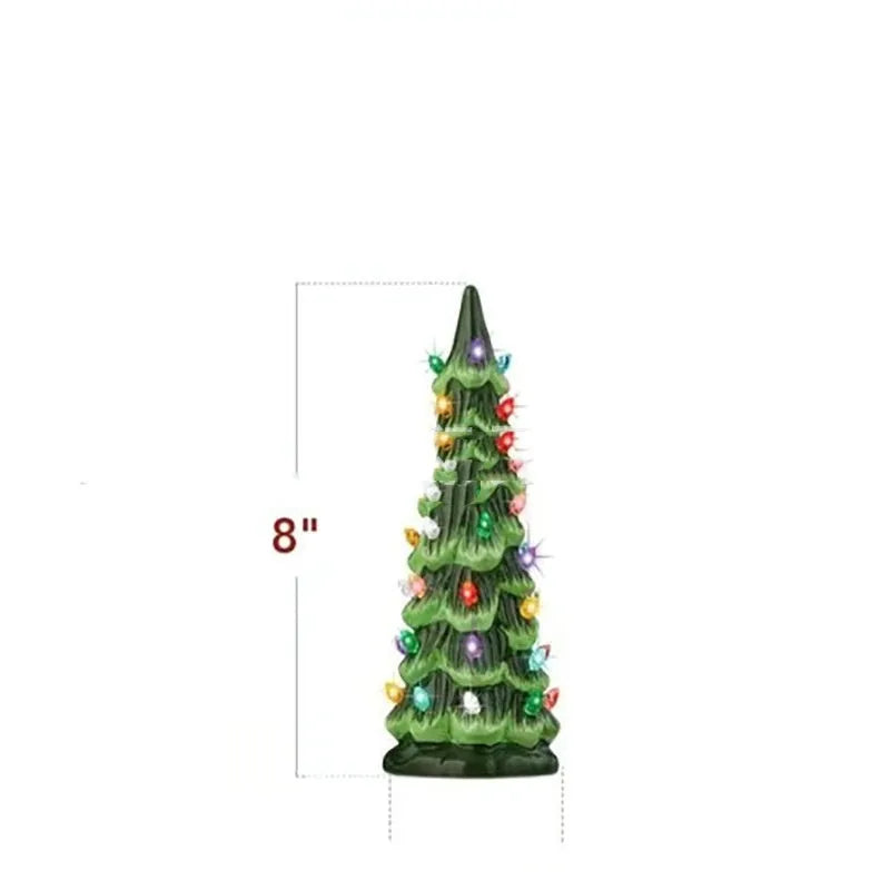 Resin Christmas tree decoration with lights in European style, shown in 20cm, 25cm, and 30cm sizes.