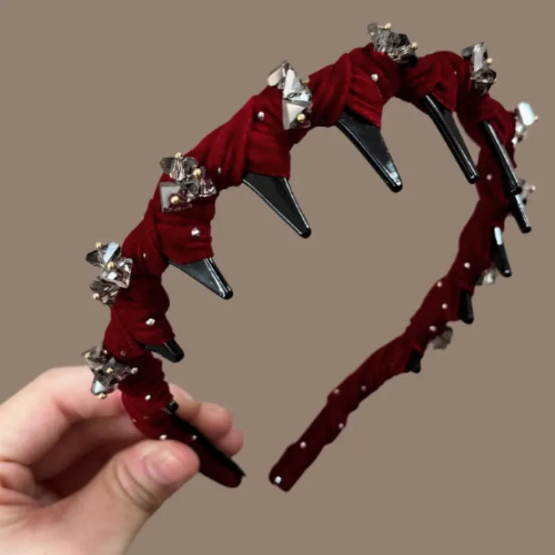 French velvet hairband with crystal wave pressing in wine red, non-slip high head design