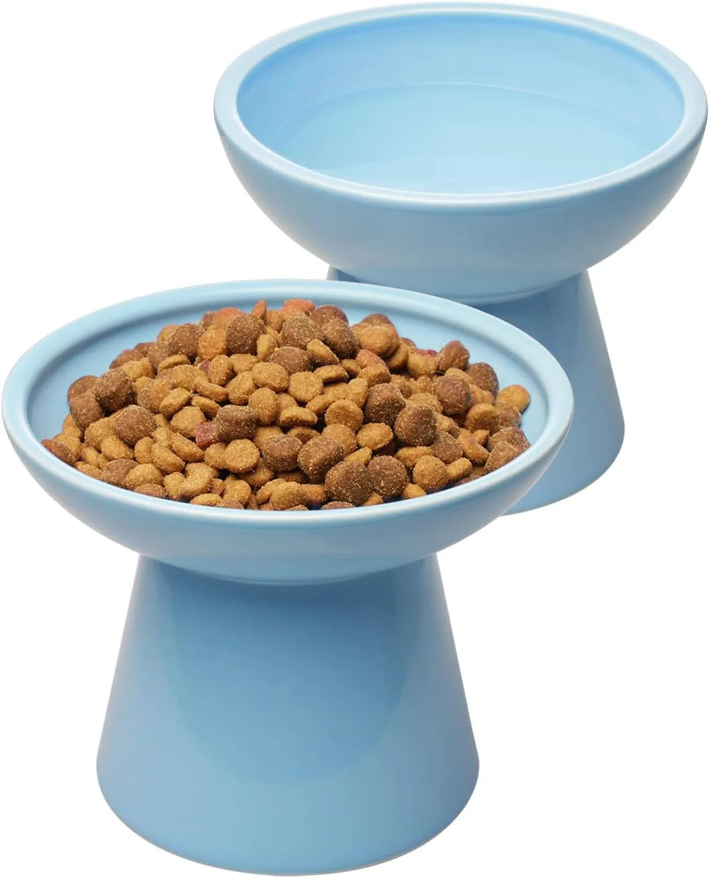 Extra wide elevated ceramic cat bowl in blue with shallow 16cm dish design