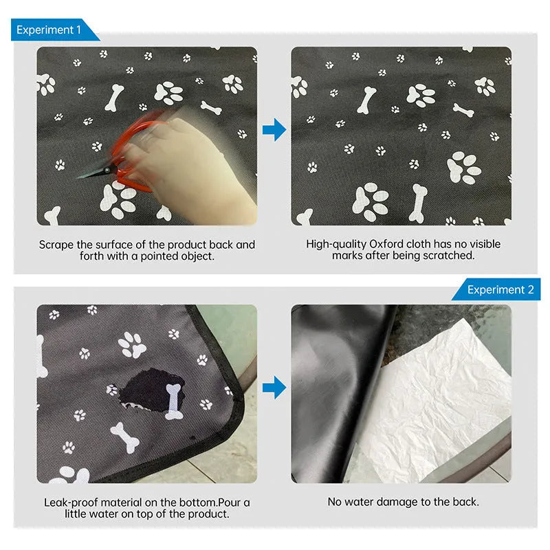 Water-resistant cloth car pet mat for rear seats, shown in multiple colour and print options for dogs.