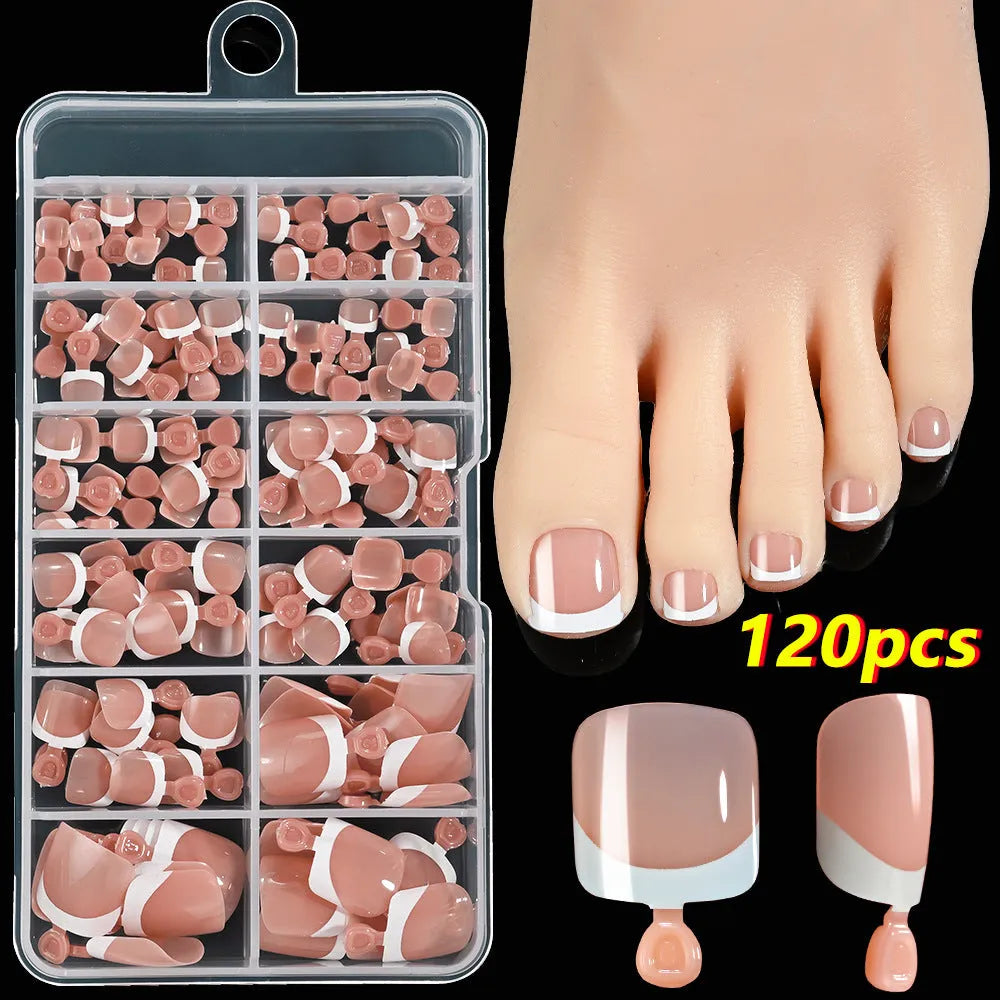 120-piece box of French white tip full square short nude nail appliqués in nine colour shades.