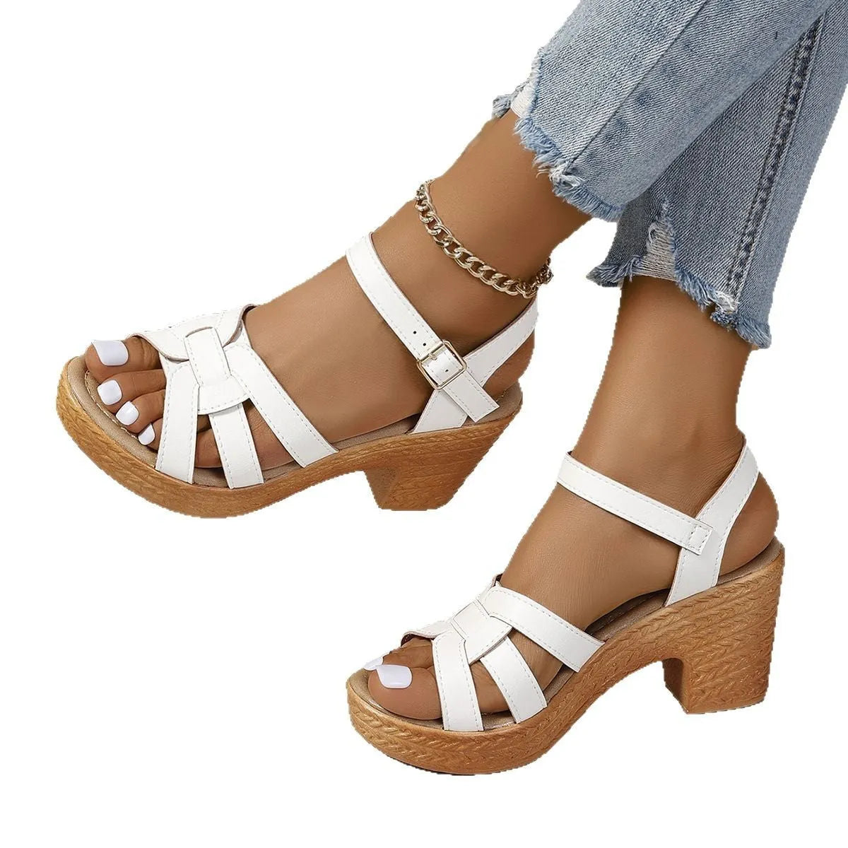 Plus size Roman women's black peep toe sandals with a chunky heel and silver buckle ankle strap.