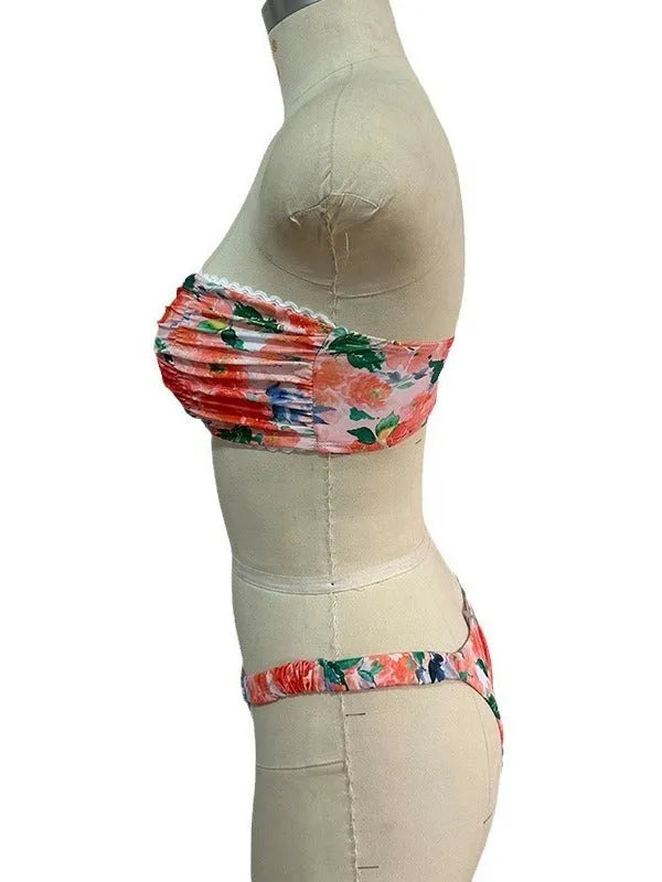 Women's floral printed bikini set with lace trim tube top and matching briefs