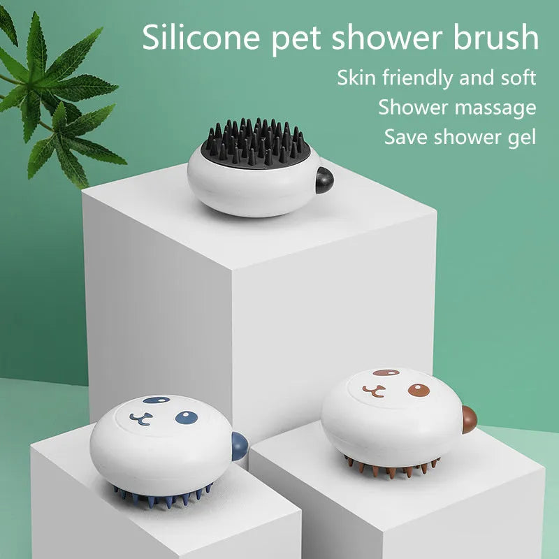 Panda-shaped silicone pet shower brush with soft bristles for cleaning cats and dogs