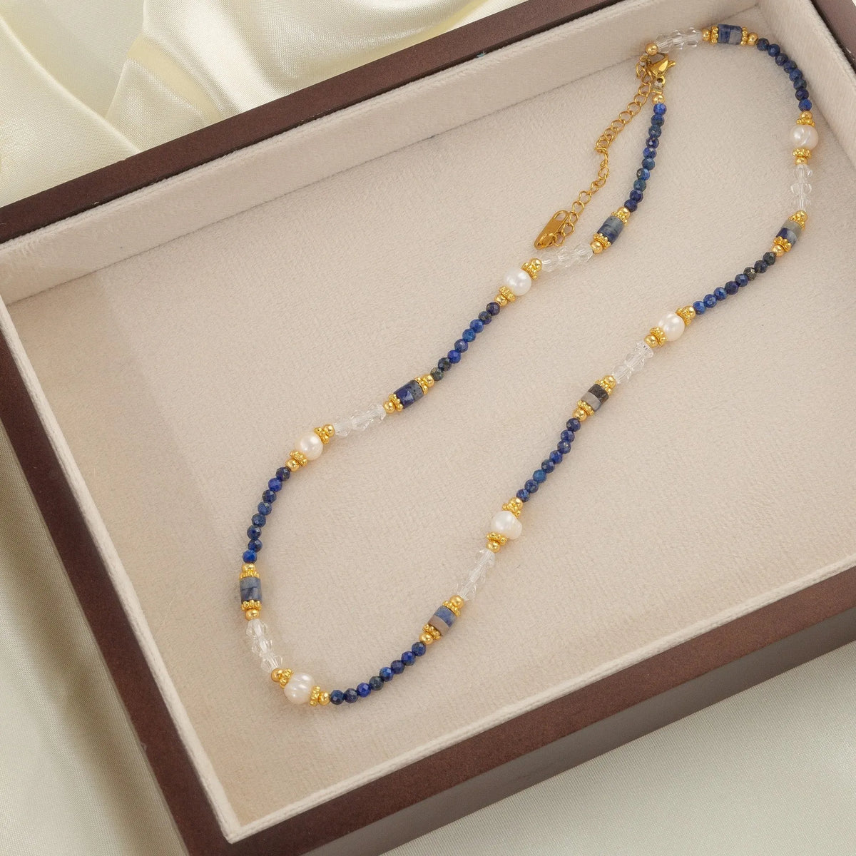 Women's Chinese retro natural stone pearl crystal necklace with adjustable chain, blue natural stone stringed pearls style