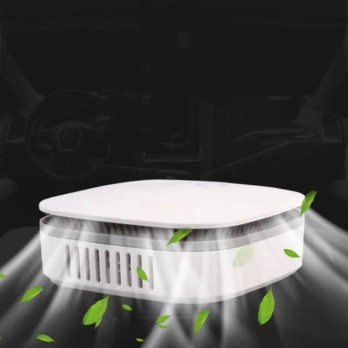 White USB-powered negative ion air purifier for car interiors and small rooms.