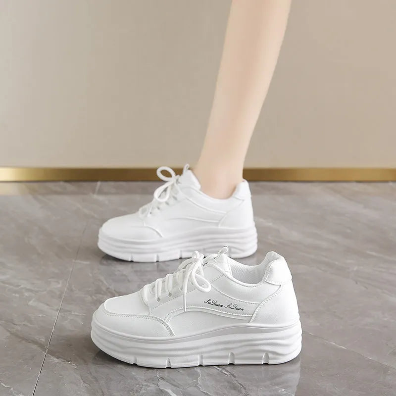 Thick bottom height increasing casual shoes in white or khaki with 3-5cm mid heel, synthetic leather upper, and rubber sole.