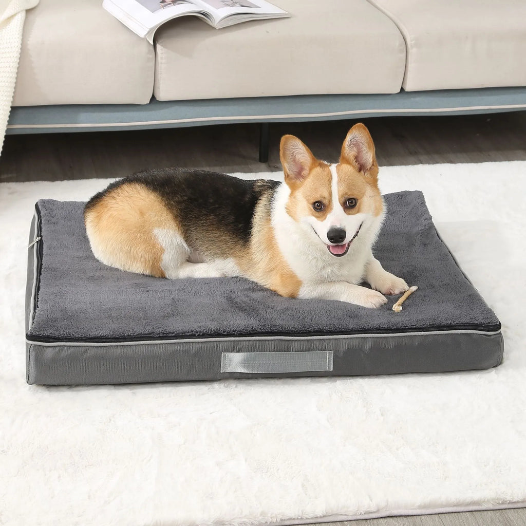 Brown removable cover memory foam dog mat showing size options on a wooden floor.