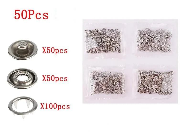 Stainless steel no-sew clothing button kit with pliers for children's garments