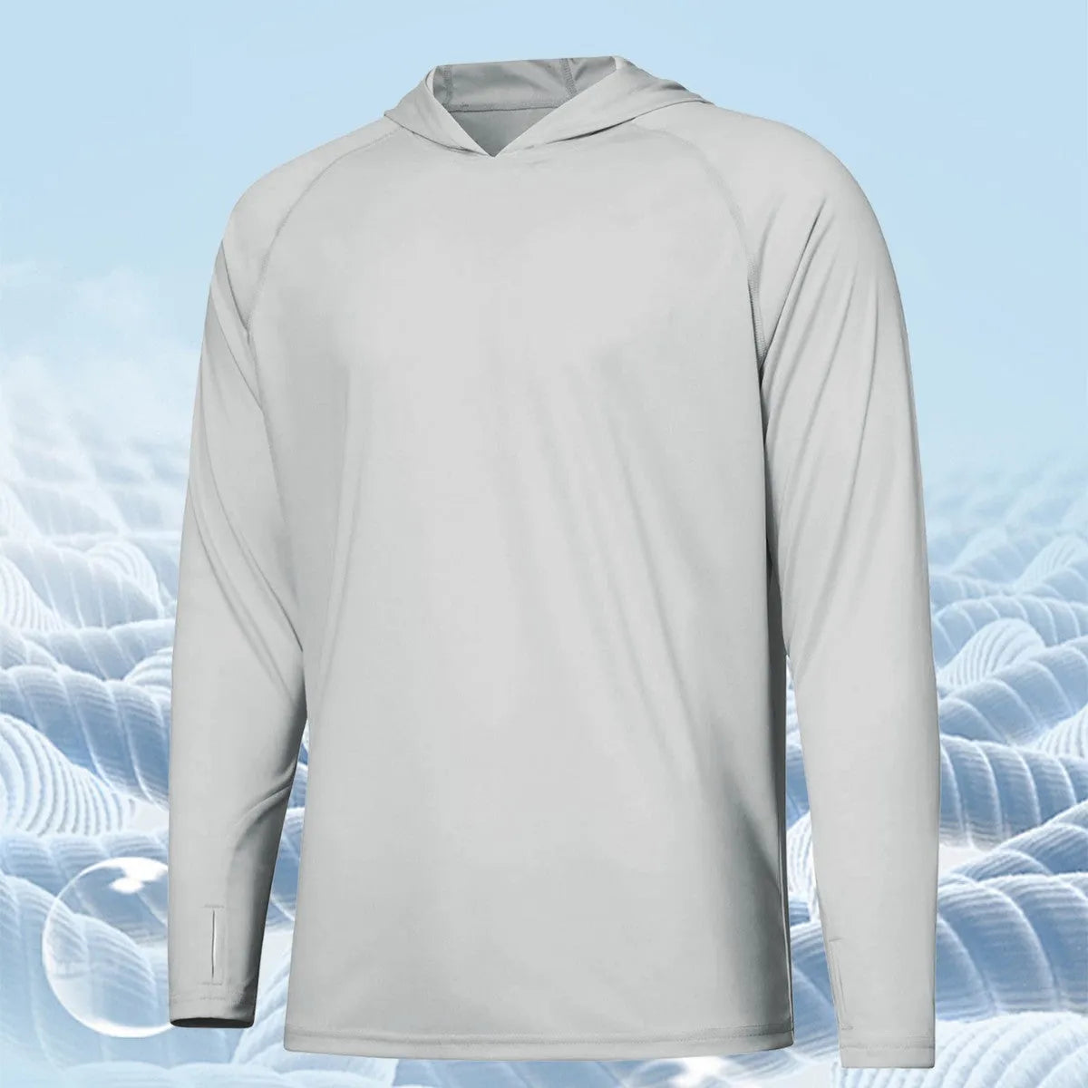 Outdoor long sleeve hooded top for UV protection during fishing and hiking.