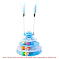 Blue 4-tier cat puzzle toy with 6 sliding balls and teasing rods on circular track