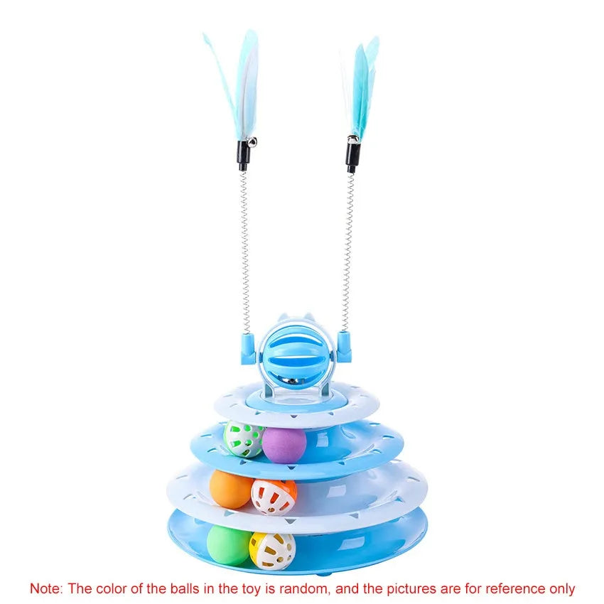 Blue 4-tier cat puzzle toy with 6 sliding balls and teasing rods on circular track