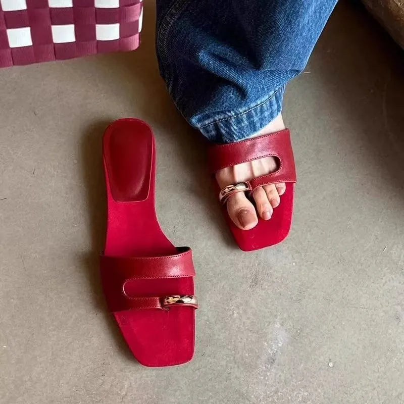 Square toe leather slippers with rubber sole in black, red, silver, or white colours for sizes 35 to 42